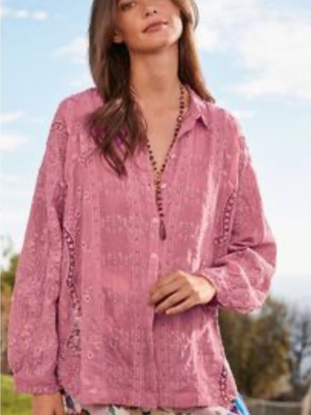 Johnny Was Dusty Rose Eyelet Button-Front Tunic small